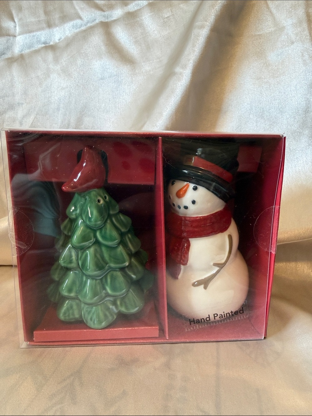 Hand-Painted Christmas Tree and Snowman Salt & Pepper Shaker Set